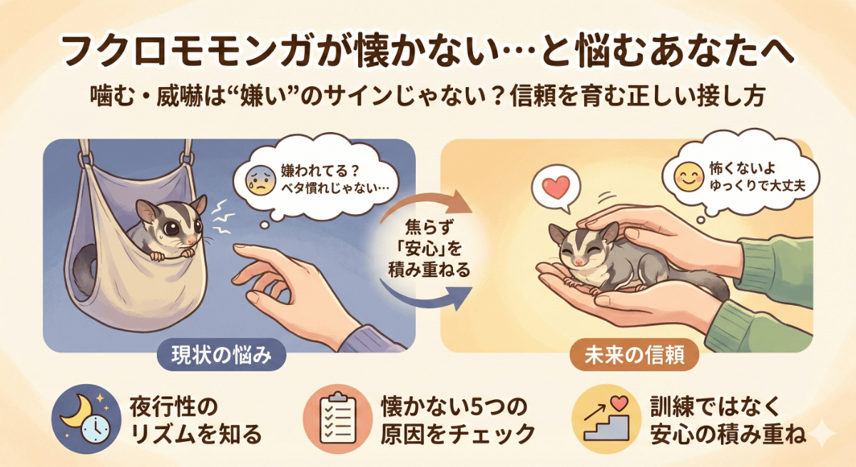 フクロモモンガが懐かない？5つの原因と正しい接し方【噛む・威嚇の対処法も解説】
